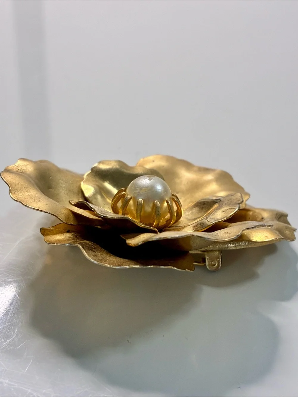 Brushed Gold Flower Brooch with Pearl Center Multi Dimensional Lightweight